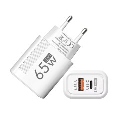 GaN 65W USB-C USB-A Charger with PD and QC3.0 fast charging White