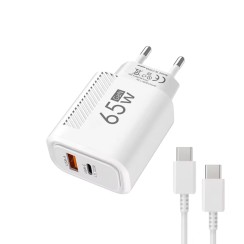 Cargador USB-C GaN 65W + Cable 1m Blanco | Fast charging PD + QC3.0