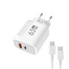 GaN 65W USB-C USB-A Charger with fast charging PD and QC3.0 + 1m USB-C cable White