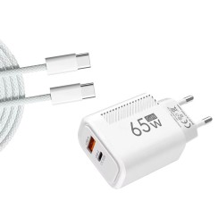 Cargador USB-C GaN 65W + Cable 1m Blanco | Fast charging PD + QC3.0