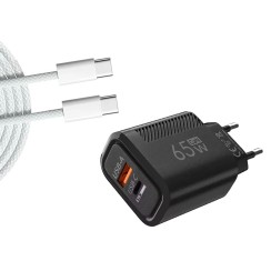 Cargador USB-C GaN 65W + Cable 1m Blanco | Fast charging PD + QC3.0